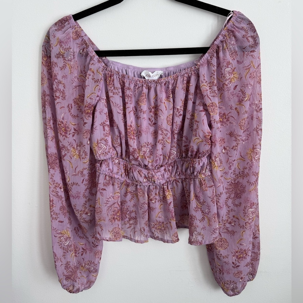 Pink Rose Purple Floral Squareneck Puff Sleeves Cottagecore Blouse Top Small